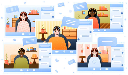 Video conference theme, teamwork via internet, e-learning horisontal illustration, remote project