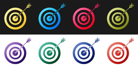 Set Target with arrow icon isolated on black and white background. Dart board sign. Archery board icon. Dartboard sign. Business goal concept. Vector.