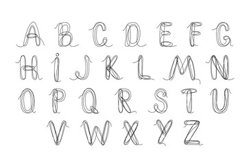 English Alphabet Letters. A set of decorative letters drawn with one continuous line. Vectran illustration isolated on white background