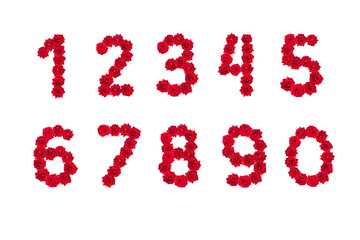 Numeral 1-10 made of red roses on a white isolated background. Element for decoration. Red roses.
