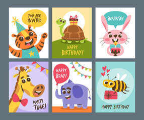 Cute animal cards. Birthday party card collection, perfect for greetings and invitations. Cute cartoon animal design.