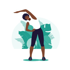 African woman exercising in the park. Outdoor sports. Healthy lifestyle and fitness concept. Vector illustration in flat style.