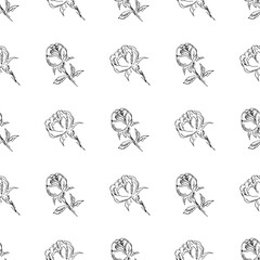 Doodle simple vector seamless pattern of hand-drawn peonies. Seamless random pattern of hand-drawn peonies. Isolated on white background.