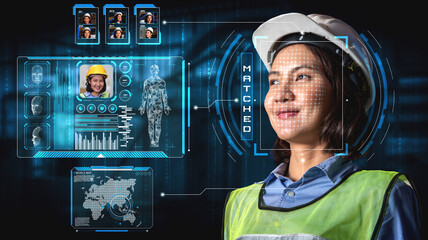 Facial recognition technology for industry worker to access machine control . Future concept interface showing digital biometric security system that analyze human face to verify personal data .