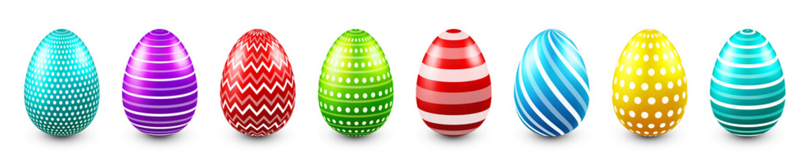 Colorful Easter eggs isolated on white background. Seasonal spring decoration element. Egg hunt game. Vector illustration.