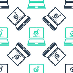 Green Laptop and gears icon isolated seamless pattern on white background. Adjusting app, service, setting options, maintenance, repair, fixing laptop concepts. Vector.
