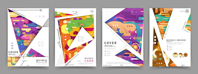 Covers templates set with graphic geometric elements. Applicable for brochures, posters, covers and banners. Vector illustrations.