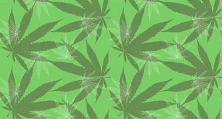 Naklejka na ściany i meble Floral seamless pattern, gray and white cannabis leaves on a green background. Vector. Fashionable design for textiles, fabric, wallpaper, paper.