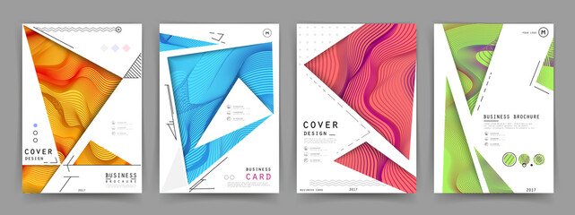 Covers templates set with graphic geometric elements. Applicable for brochures, posters, covers and banners. Vector illustrations.