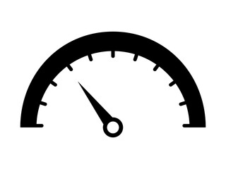Black semicircle speedometer with arrow icon. Indicator with rating beginning progress and turning into dangerous assessment performance and vector quality.
