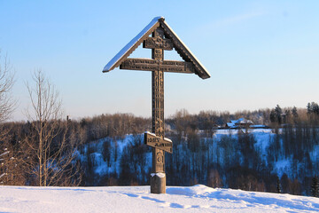 Wooden cross in the north of Russia