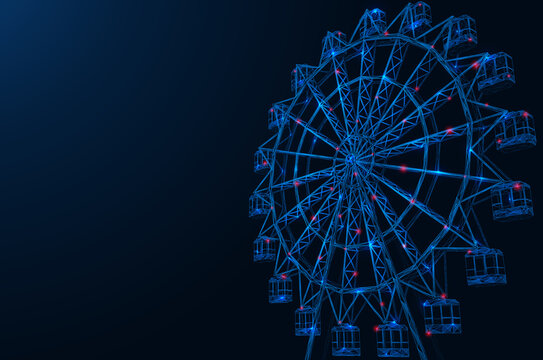 Ferris wheel. Futuristic polygonal construction. Blue background.