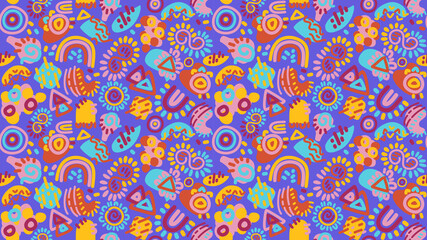 colorful doodle style abstract illustration seamless pattern in bright vivid color. pink, blue orange,  yellow 