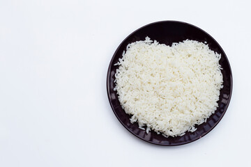 Dish of rice on white background.