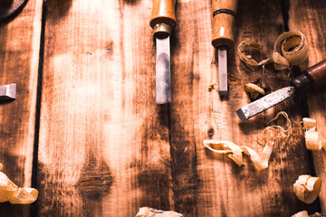 Carpenter cabinet maker hand tools on the workbench.