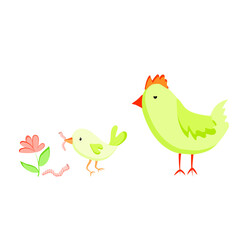 Isolated elements on a white background. Chick and chicken set. Chick with a worm in the key. Spring. Vector in flat style. Suitable for illustrations, posters.