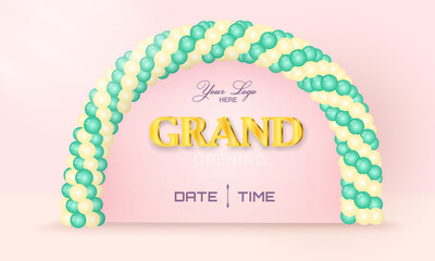 Grand Opening announcement with golden text and balloons arch for beauty business and startup company vector illustration