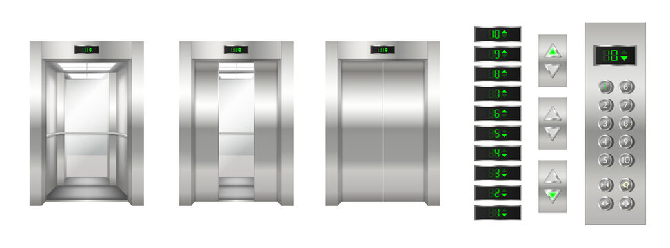 Realistic elevator set: open and closed chrome metal doors and button panel closeup