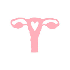 Vector hand drawn pink uterus silhouette with heart isolated on white background