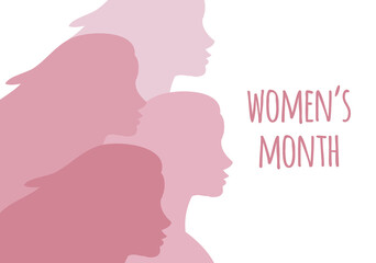 Vector flat banner with pink different women silhouette and women’s month lettering isolated on white background. International women’s day equality illustration