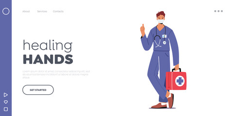 Doctor or Nurse Landing Page Template. Male Character in Robe with Medical Tools in Box in Mask. Clinic, Hospital Staff
