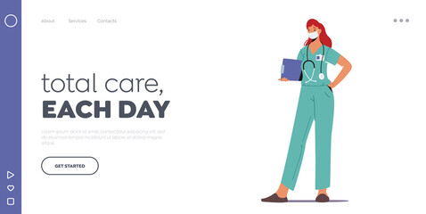 Hospital Healthcare Staff at Work Landing Page Template. Medicine Profession, Occupation. Female Doctor in Medical Robe