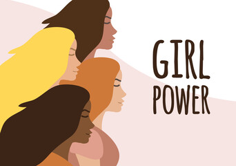Vector flat banner with different women and girl power lettering isolated on colored background. International women’s day equality illustration