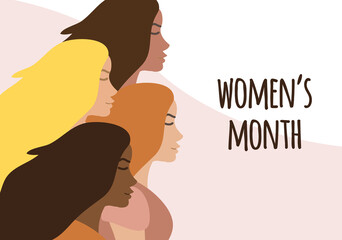 Vector flat banner with different women and women’s month lettering isolated on colored background. International women’s day equality illustration