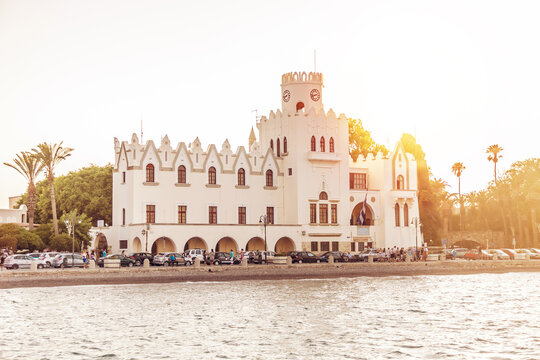 The Government Palace of Kos at the sunset, located on Akti Miaouli street, seafront of Greek island of Kos. Southern Aegean region