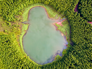 Ghost shaped drone  landscape. Top down aerial view of a small pond in the middle of a forest,...