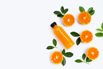 High vitamin C, Juicy and sweet. Fresh orange fruit with bottle of orange juice on white background. © Bowonpat