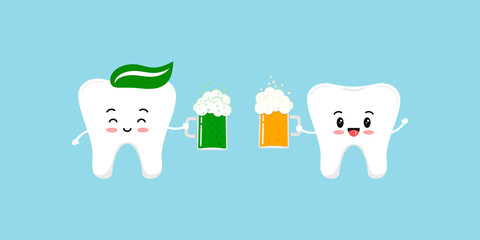 St Patrick day teeth with beer clink glasses. Cute dental happy tooth irish character with glass of splashing beer and ale. Flat design cartoon dentist celebration vector illustration.