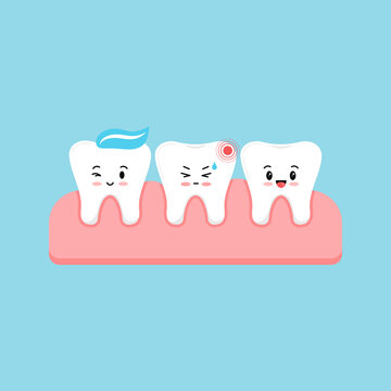 Cute tooth with ache pain and healthy in gum isolated on blue background. Sick kids teeth, dent hygiene, prevention treatment concept. Flat design cartoon style vector dental character illustration.