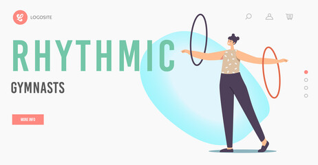Rhythmic Gymnast Landing Page Template. Female Character Performing Gymnastics Elements with Hula Hoop © Pavlo Syvak