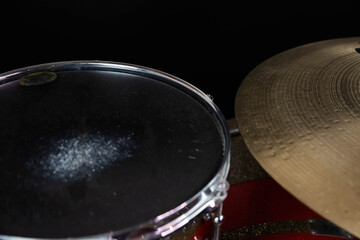 Closeup of drumsticks lying on the professional drum set. Drummer equipment. 