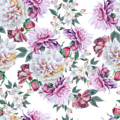 Beautiful watercolor seamless pattern with flowers. Hand drawn.