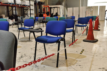 Paterna, Valencia, Spain: 02.18.2021; The blue chairs in training in the training room