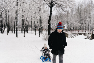 Fototapeta na wymiar Dad rides a cute boy in a sled in the snow, active lifestyle, winter, family
