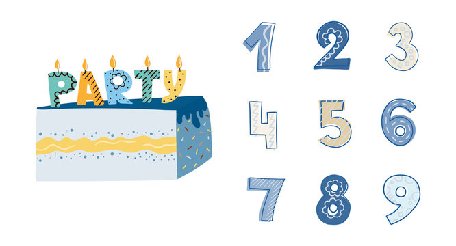 Clipart with piece of cake with candls text Party and figure, number. Can use for card, banner
