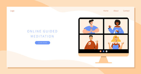 Meditate together online training. Meditating men and women on online course meditate on computer screen. Distance, remote yoga, relax, mindfulness, breathing training. Online meditation class