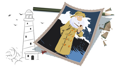Elderly lighthouse keeper. Old sailor. Illustration for internet and mobile website.