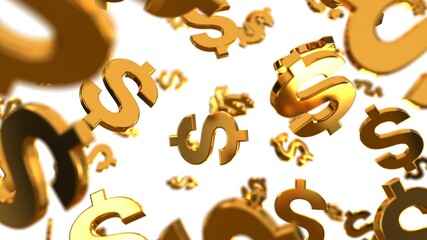 Golden usd dollar signs are falling like rain on the white background, 3D render. Financial success