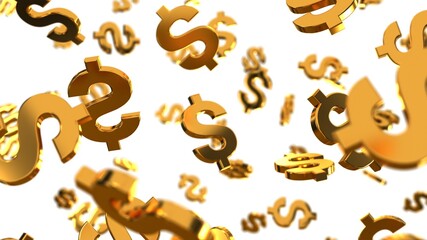 Golden usd dollar signs are falling like rain on the white background, 3D render. Financial success