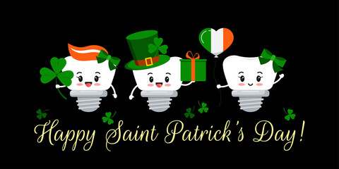 St Patrick day teeth dental implant on dentistry greeting card. Tooth irish character with gift, lucky clover on green hat, flag colors balloon. Flat cartoon vector Happy paddy's day illustration.