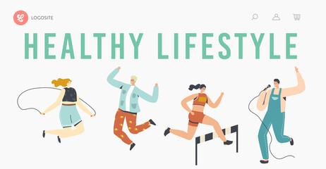 Healthy Lifestyle Landing Page Template. Characters Active Life, Sport and Hobby Activity Karaoke, Parachuting, Racing