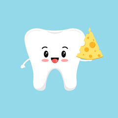 Cute tooth molar with cheese in hand. Flat design cartoon style smiling character vector illustration. Happy white tooth isolated on background. Children food with calcium for teeth health concept.