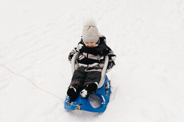Fototapeta na wymiar Cute cute boy in a sled in the snow, active lifestyle, winter, family