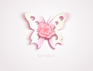 Butterfly icon with pink rose flower. Vector illustration for design cards, greeting postcard, flyer, banner. Gentle pastel colors. All objects are isolated