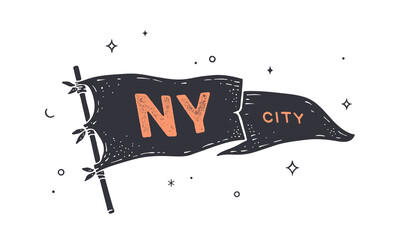 NY City. Flag grahpic. Old vintage trendy flag with text NY City for New York, USA. Old school vintage banner flag, retro style, United States city New York. Vector Illustration