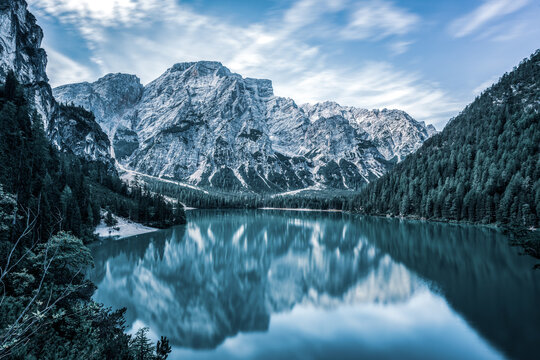 Mountain lake in the Dolomites, South Tyrol in Italy..The Pragser Wildsee, or Lake Prags, Lake Braies.